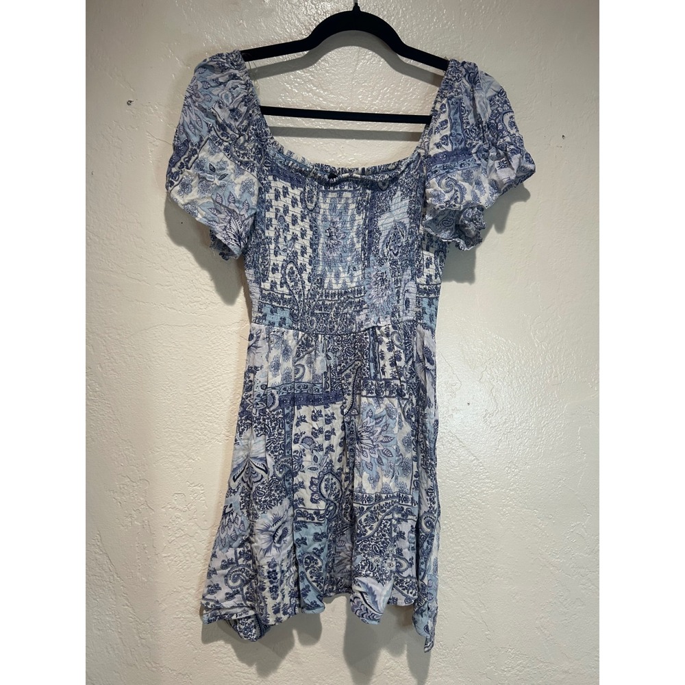 Angie Blue White Paisley Patchwork Smocked Mini Dress Womens Medium Boho